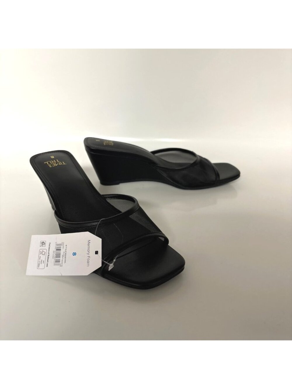 Time And Tru Black Mesh Wedge Sandals Womens Size 8 Slip On Memory Foam NEW